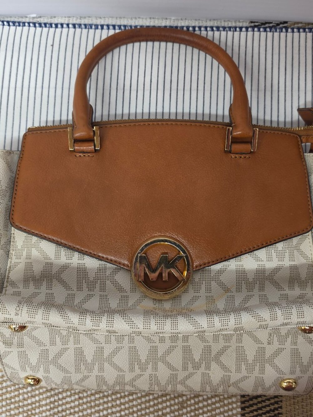 Michael Kors Vanilla Signature Coated Canvas Luggage Leather Trim Satchel